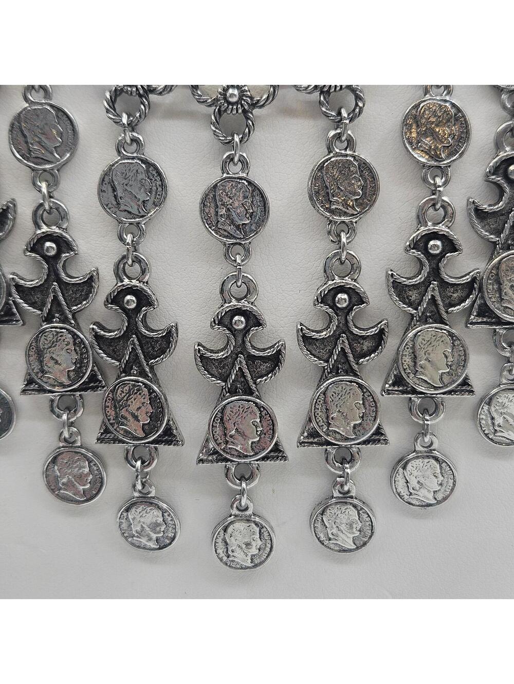 Vintage Egyptian Revival Tribal Bib Necklace Coin Statement Collar Silver Tone